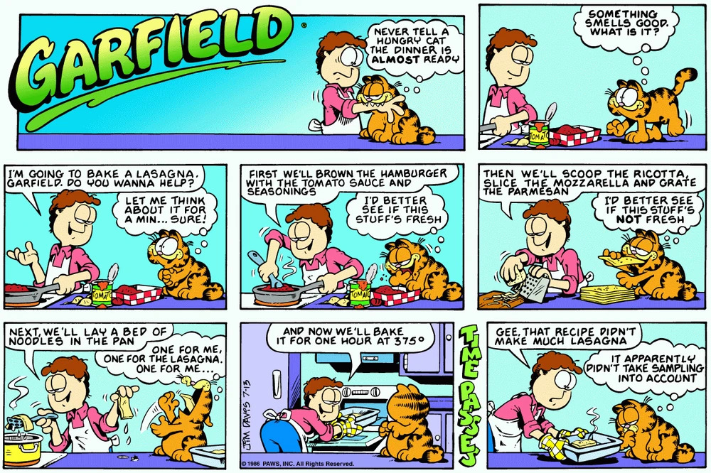 Garfield oven comic where Jon bakes a lasagna